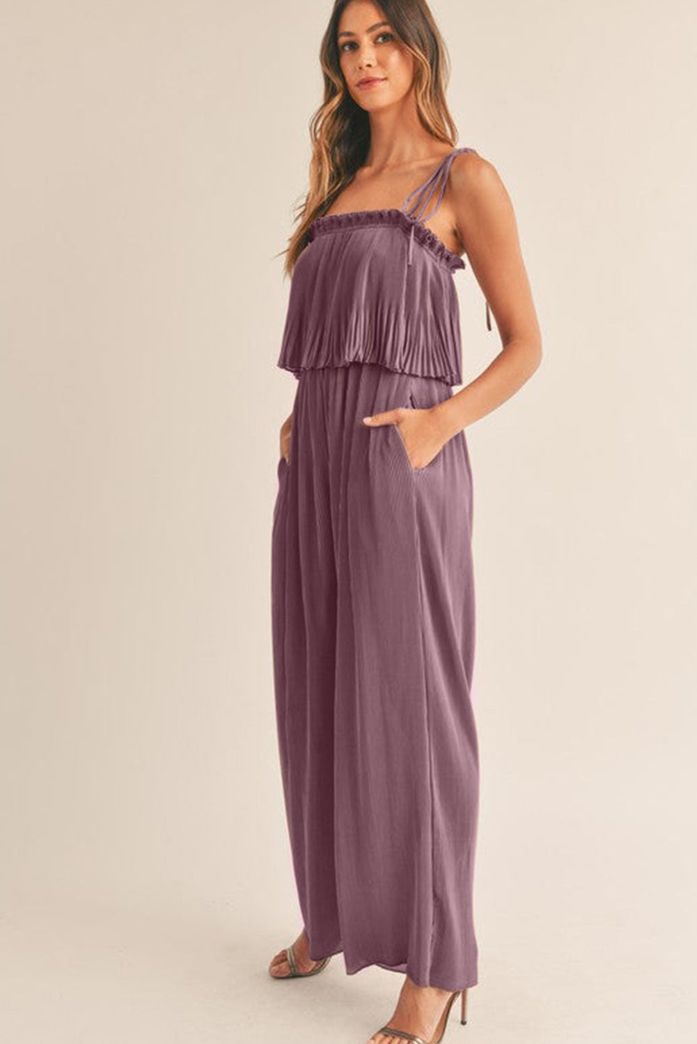 Rose Tan Solid Self Tied Straps Pleated Wide Leg Jumpsuit - SELFTRITSS   