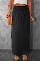 Black Smocked High Waist Maxi Skirt with Slit - SELFTRITSS