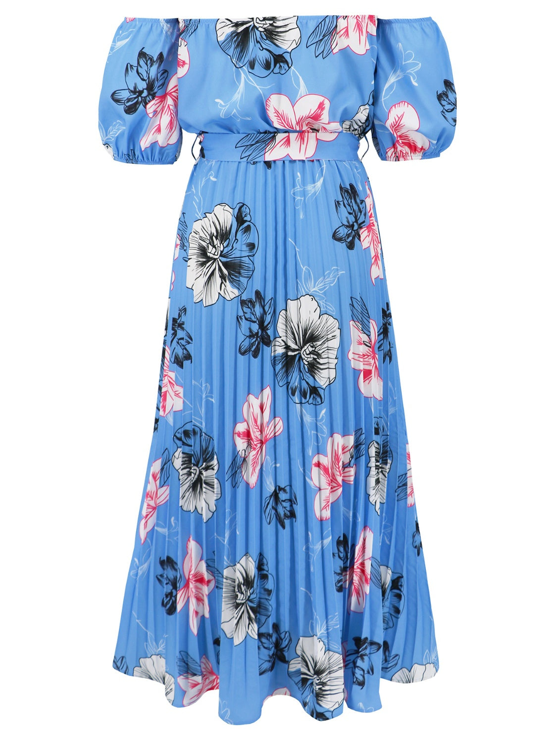 Pleated Floral Off-Shoulder Short Sleeve Midi Dress - SELFTRITSS   