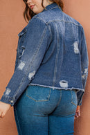 Dark Blue Plus Size Distressed Flap Pocket Denim Jacket - SELFTRITSS