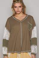 V-Neck Lace Balloon Sleeve Exposed Seam Top