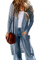 Blue Slub Knit Pocketed Open Front Maxi Cardigan - SELFTRITSS   