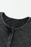 Black Mineral Wash Ribbed Snap Buttons Long Sleeve Bodysuit - SELFTRITSS