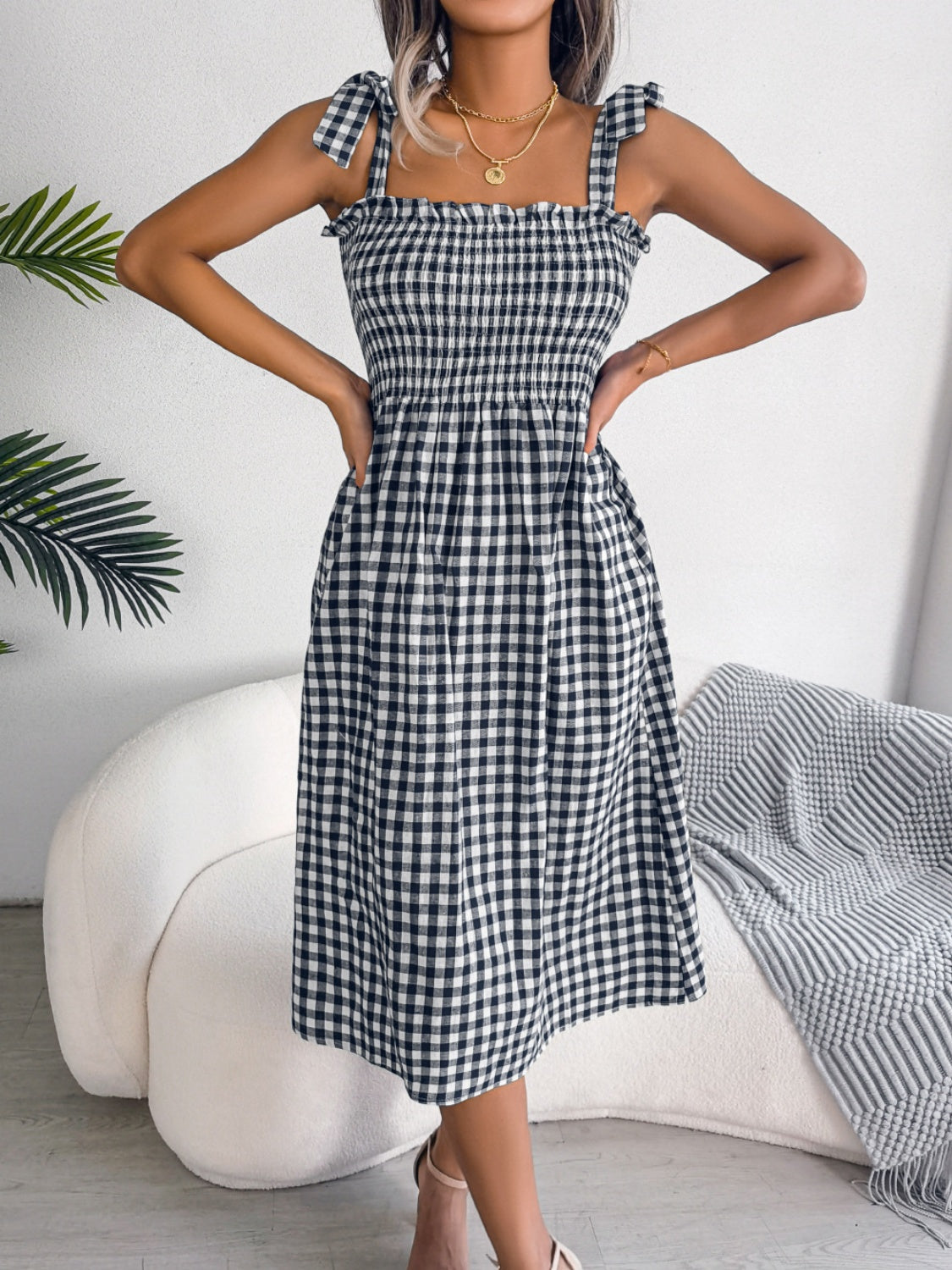 Frill Plaid Square Neck Midi Dress - SELFTRITSS   