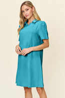 Double Take Full Size Texture Collared Neck Short Sleeve Dress - SELFTRITSS