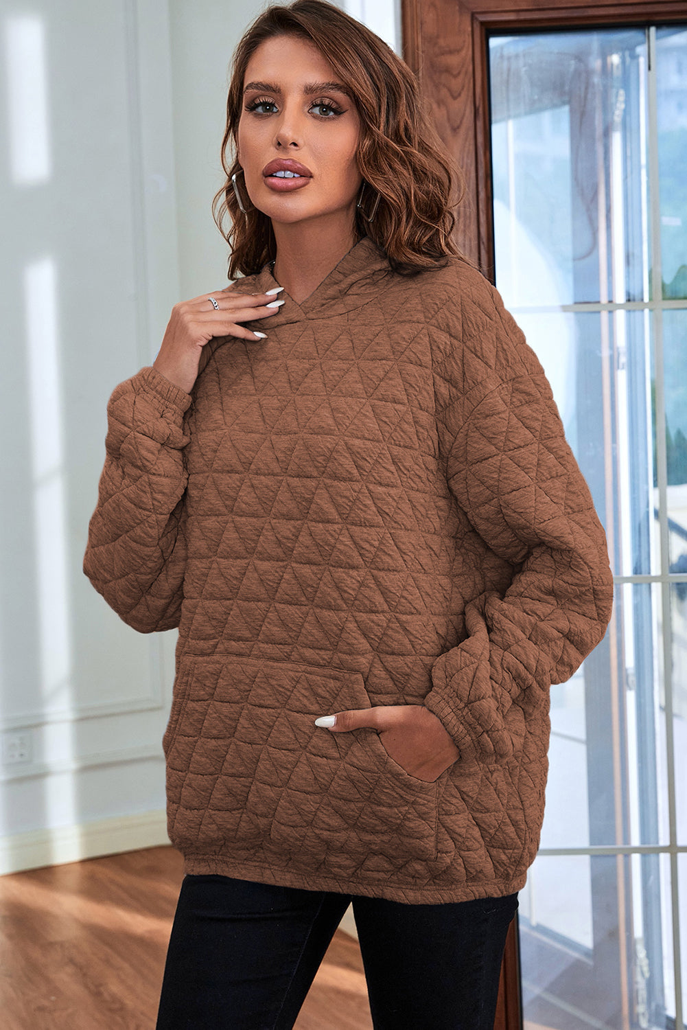 Coffee Solid Color Quilted Kangaroo Pocket Hoodie - SELFTRITSS   