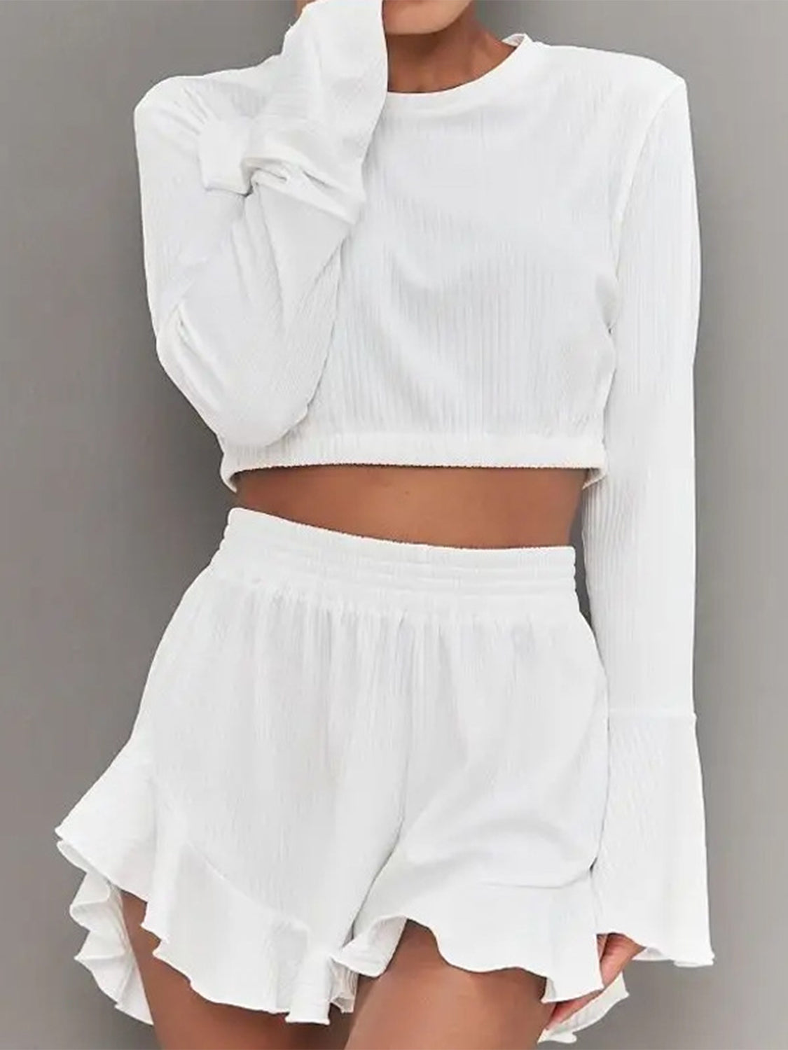 Round Neck Long Sleeve Top and Ruffled Shorts Set - SELFTRITSS   