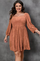 Chestnut Plus Size Suede Square Neck Balloon Sleeve Dress - SELFTRITSS