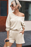 Beige Corded V Neck Slouchy Top Pocketed Shorts Set - SELFTRITSS