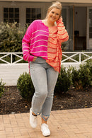 Yellow Plus Size Color Block Striped Patchwork Knit Sweater - SELFTRITSS