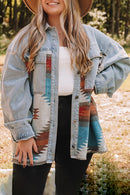 Sky Blue Plus Size Denim Aztec Jacket - SELFTRITSS