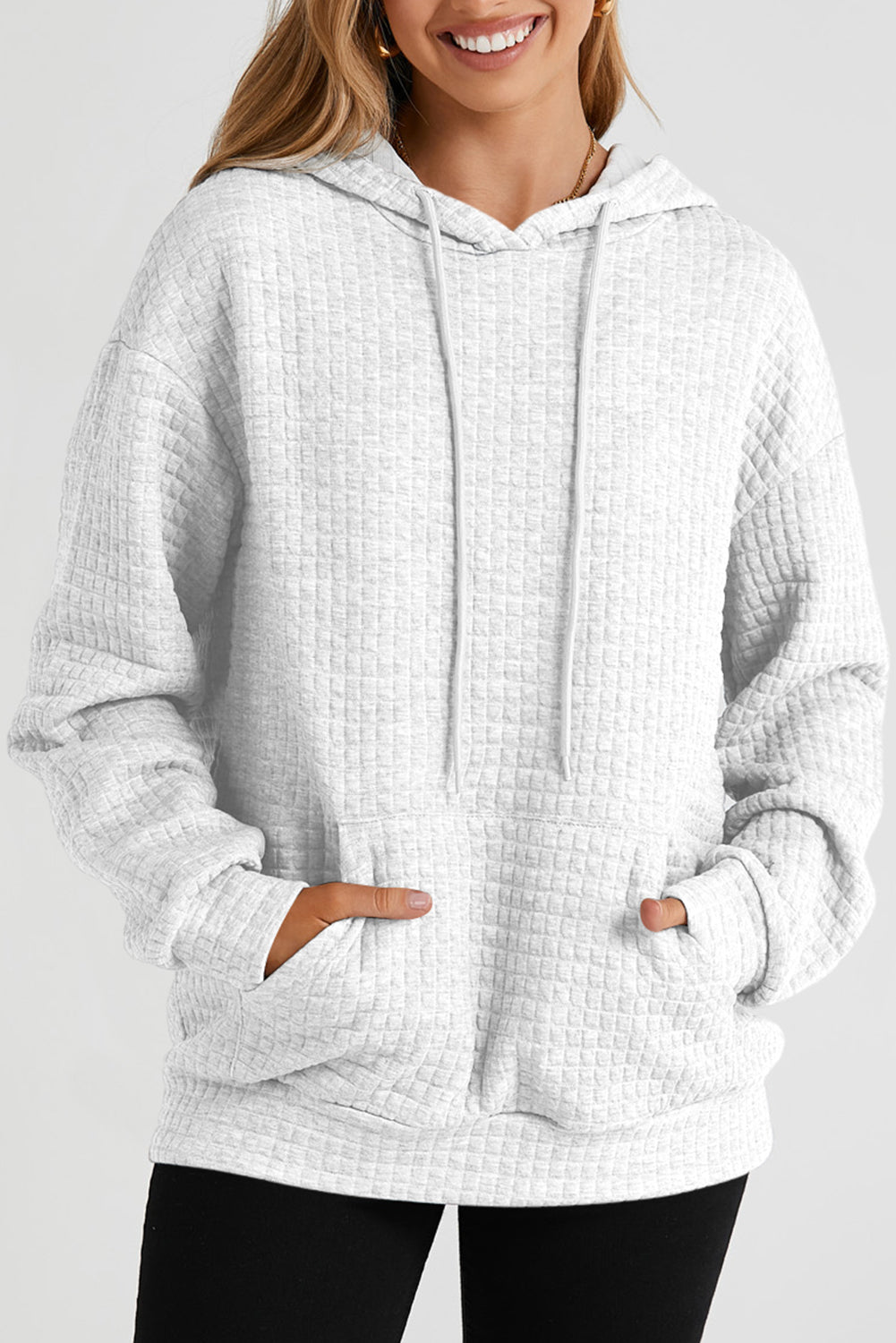 White Quilted Kangaroo Pocket Drawstring Hoodie - SELFTRITSS