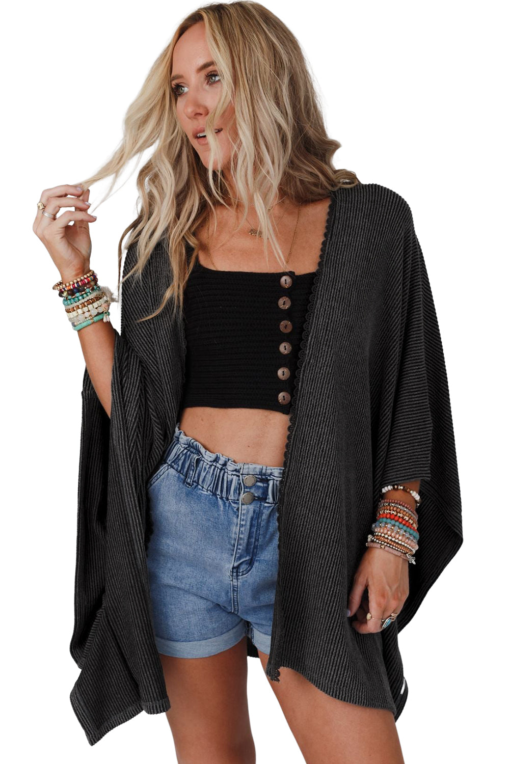 Black Lace Trim Ribbed Oversize Kimono - SELFTRITSS