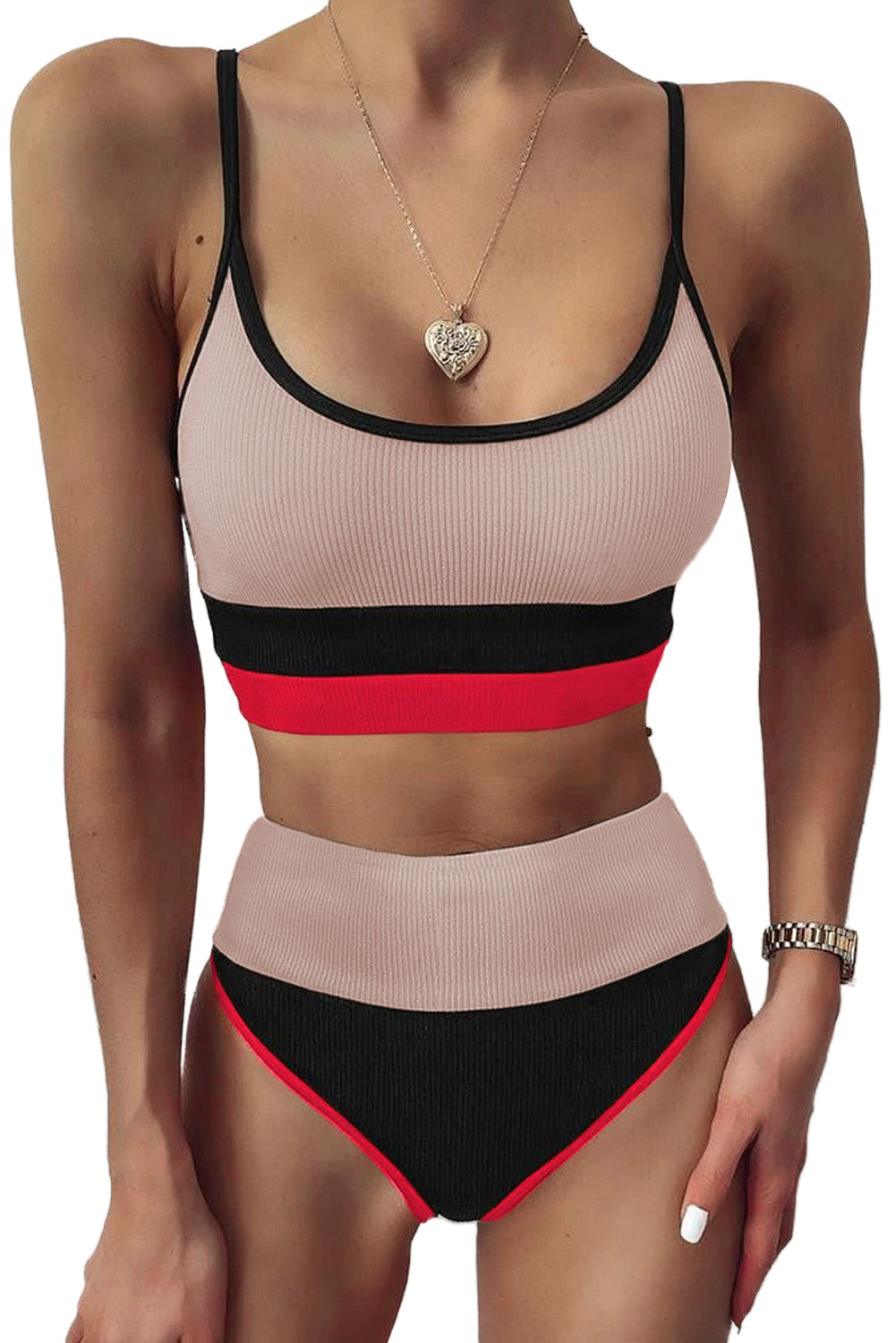 Color Block Spaghetti Strap Two-Piece Swim Set - SELFTRITSS