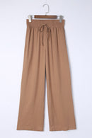 Brown Drawstring Elastic Waist Casual Wide Leg Pants - SELFTRITSS   