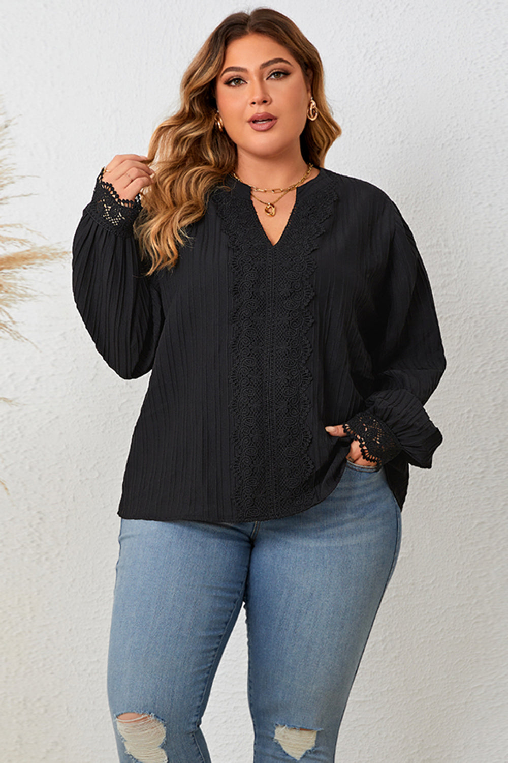 Plus Size Notched Neck Lace Detail Blouse - SELFTRITSS