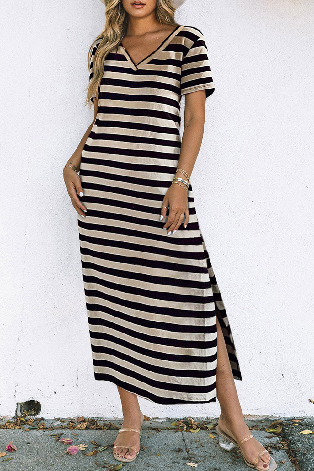 Black Stripe Print V Neck Maxi Dress with Side Splits - SELFTRITSS