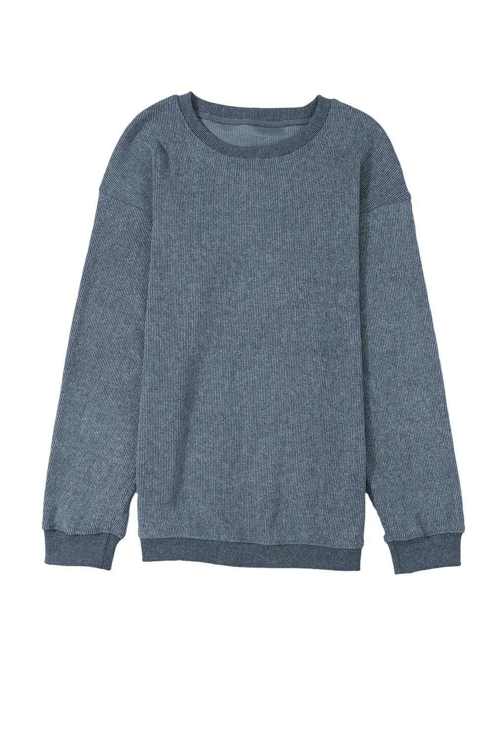 Blue Solid Ribbed Knit Round Neck Pullover Sweatshirt - SELFTRITSS   