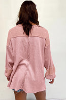 Pink Exposed Seam Patchwork Bubble Sleeve Waffle Knit Top - SELFTRITSS   