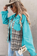 Sky Blue Plaid Patchwork Pockets Denim Jacket - SELFTRITSS   