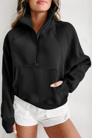 Black Zip Up Stand Collar Ribbed Thumbhole Sleeve Sweatshirt - SELFTRITSS   