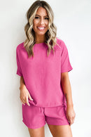 Rose Red Casual Textured Tee and Drawstring Shorts Set - SELFTRITSS