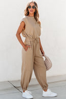 Light French Beige Cap Sleeve Open Back Drawstring Jogger Jumpsuit - SELFTRITSS