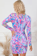 Sky Blue Floral Print Crossed Hem Long Sleeve Mini Dress - SELFTRITSS