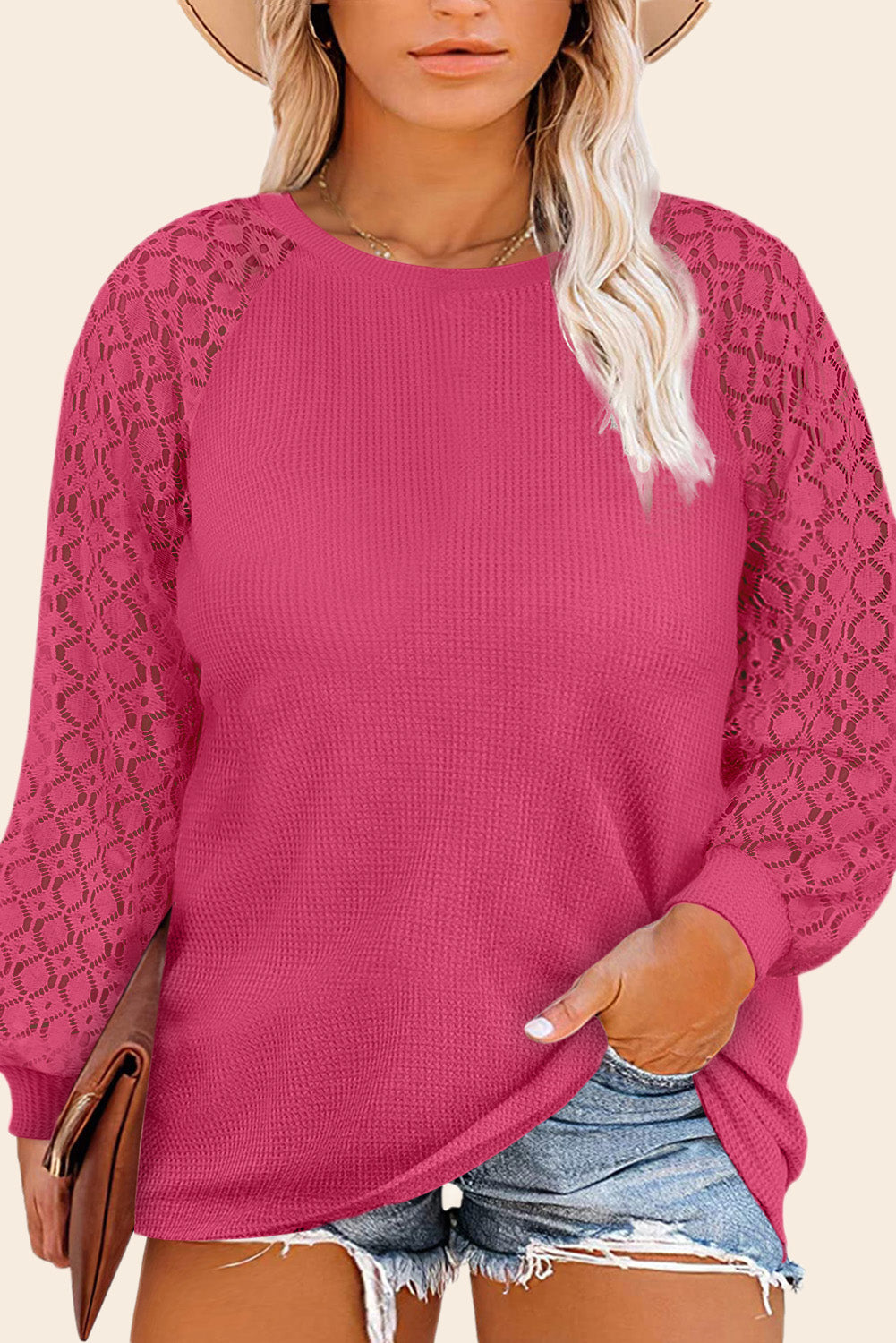 Strawberry Pink Plus Size Contrast Lace Sleeve Waffle Knit Top - SELFTRITSS