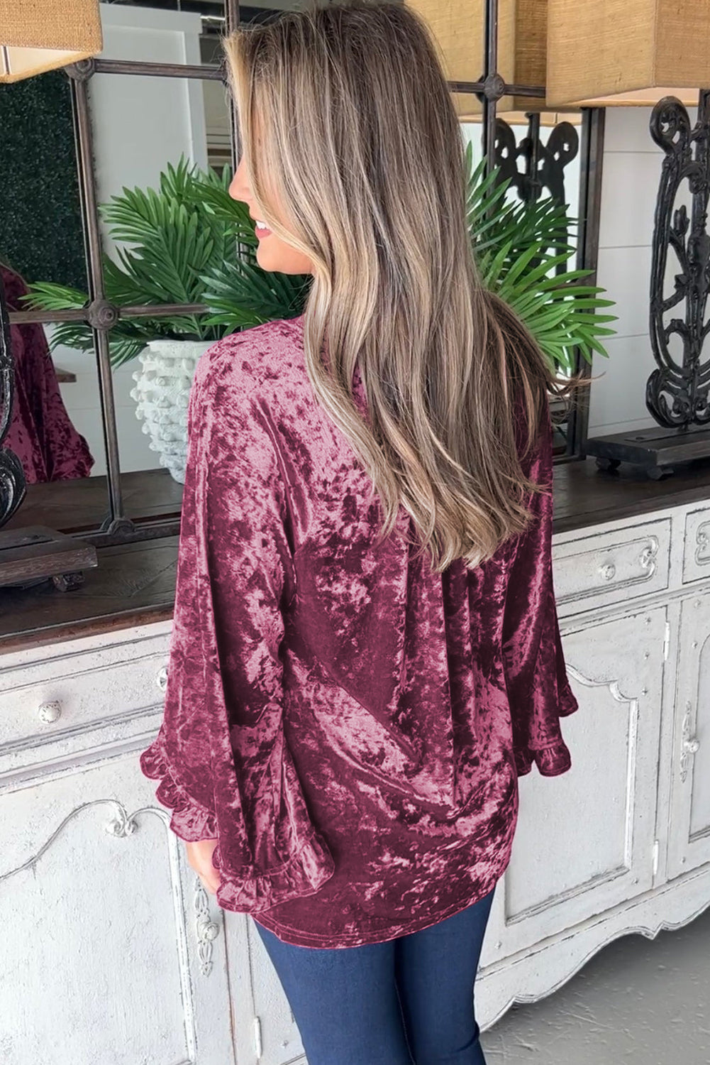 Red Dahlia Velvet Pagoda Sleeve Crew Neck Top - SELFTRITSS   