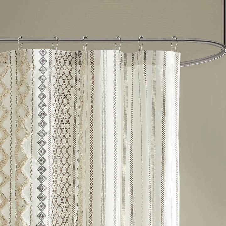 Aztec Chenille Tufted Shower Curtain, Ivory - SELFTRITSS