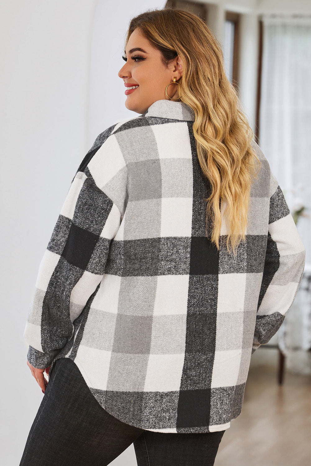 Gray Plus Size Checkered Button-Up Shacket - SELFTRITSS