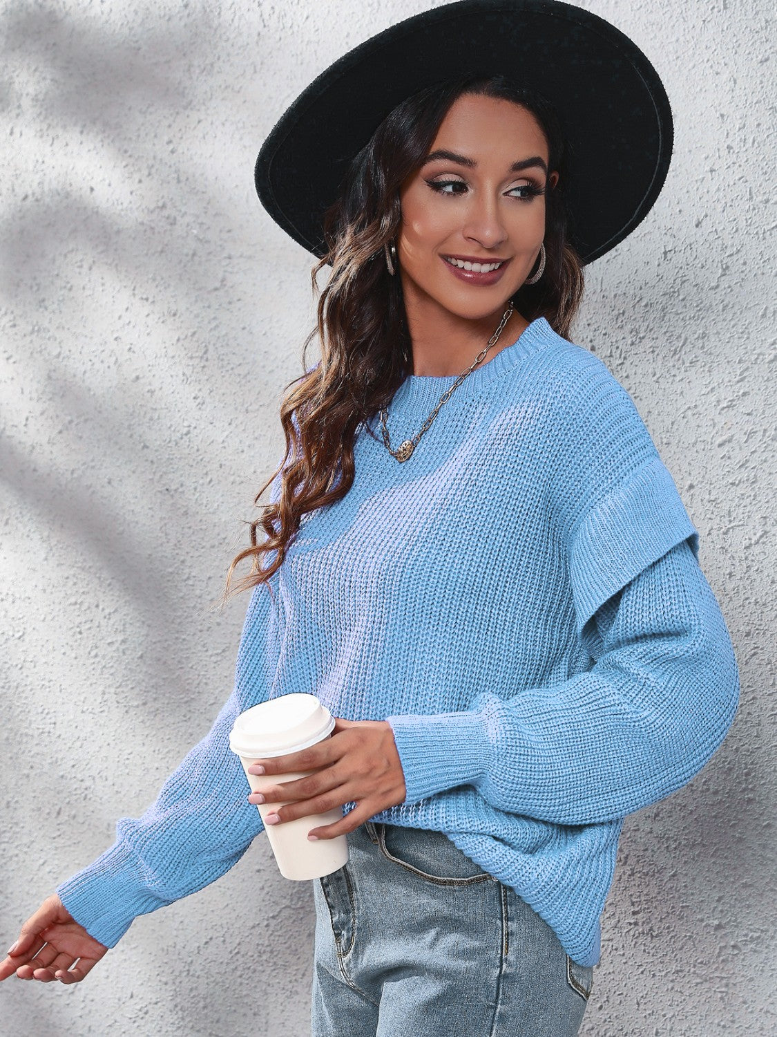 Lilac Chic Ruffled Long Sleeve Shoulder Sweater