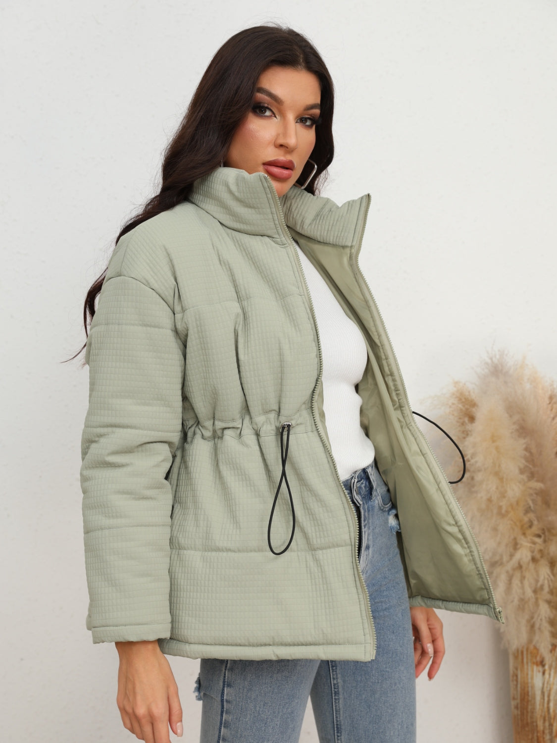 Drawstring Waist Zip-Up Puffer Jacket - SELFTRITSS