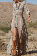 Full Size Slit Printed Three-Quarter Sleeve Dress - SELFTRITSS