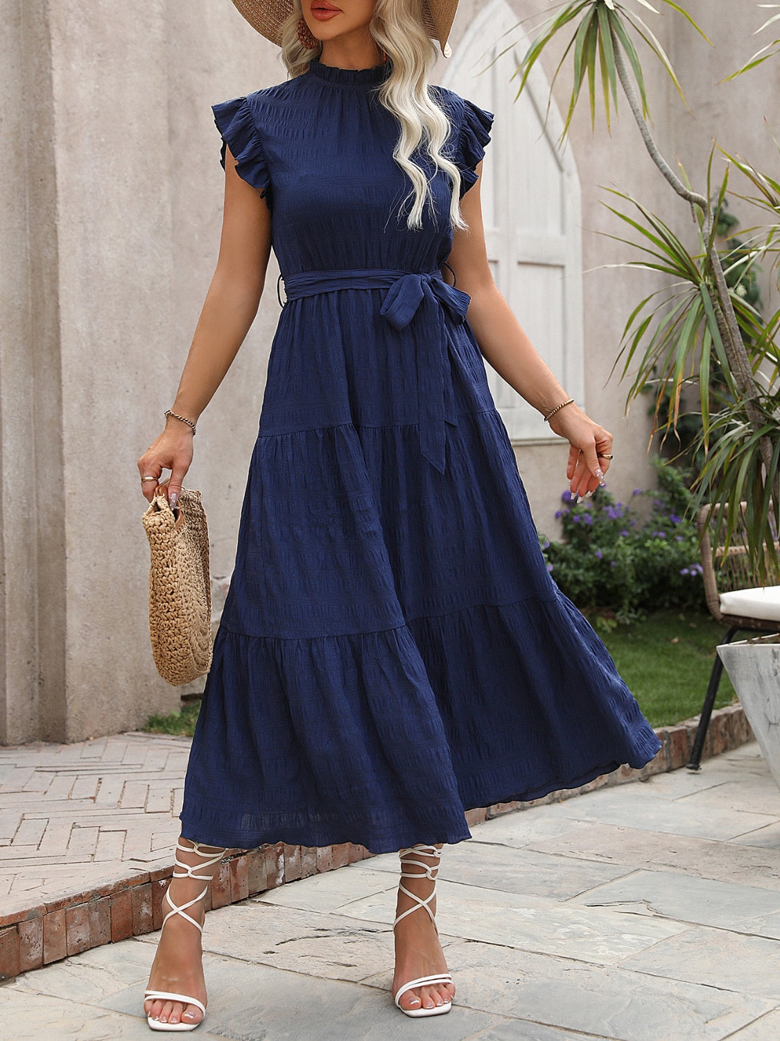 Tied Ruffled Cap Sleeve Midi Dress - SELFTRITSS   