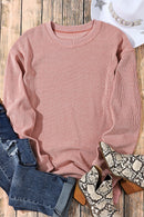 Pink Solid Ribbed Knit Round Neck Pullover Sweatshirt - SELFTRITSS