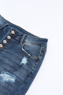 Blue Distressed Button Fly High Waist Skinny Jeans - SELFTRITSS