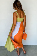 Green Color Block Shirred High Waist Fit and Flare Maxi Dress - SELFTRITSS