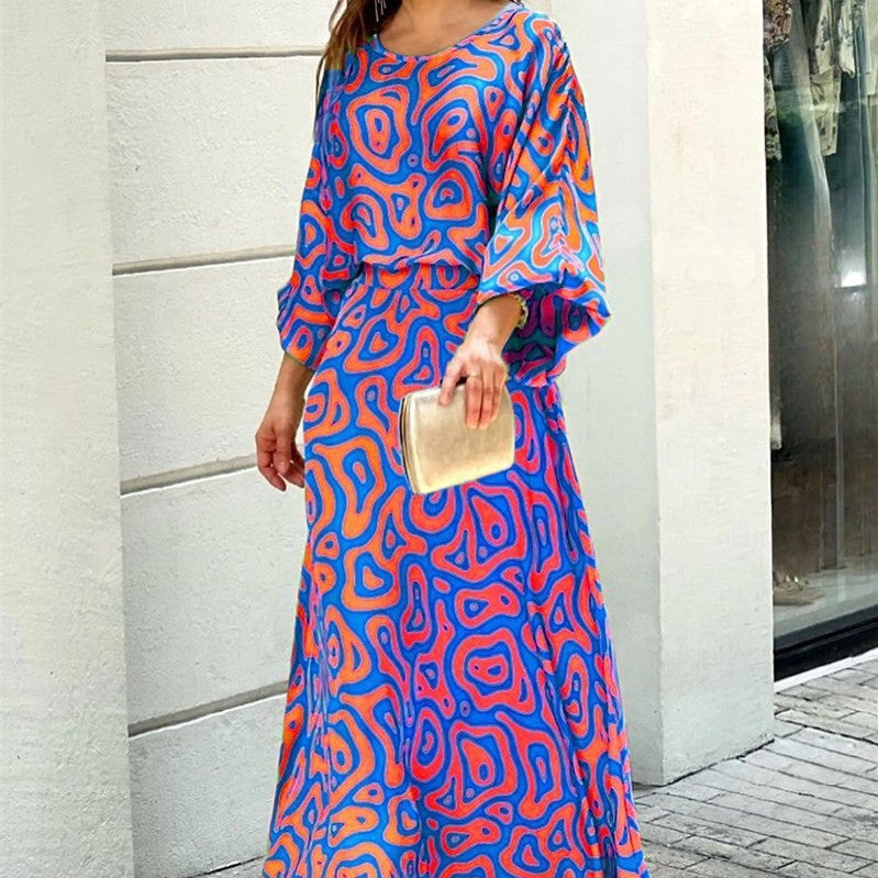 Loose Printed Long Sleeve Top And High Waist Long Skirt Set - SELFTRITSS   