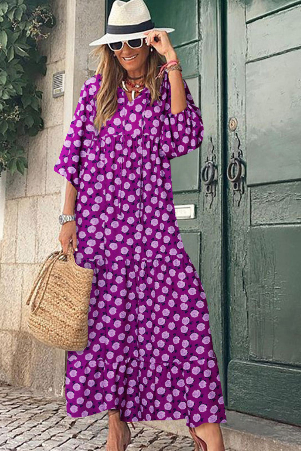 Purple Boho Printed Puff Sleeve Maxi Dress - SELFTRITSS