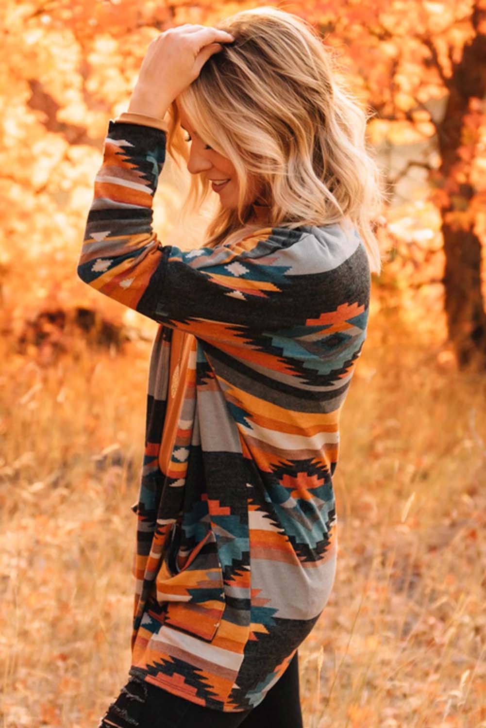 Orange Western Tribal Aztec Print Cardigan - SELFTRITSS   