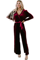 Fiery Red Velvet Pocketed Cut out Back Wide Leg Jumpsuit - SELFTRITSS