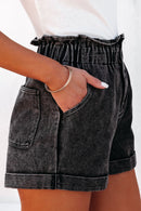 Black Vintage Washed Frilled High Waist Denim Shorts - SELFTRITSS