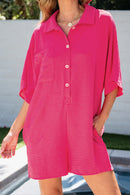 Bright Pink Half Button Collared Loose Romper - SELFTRITSS   