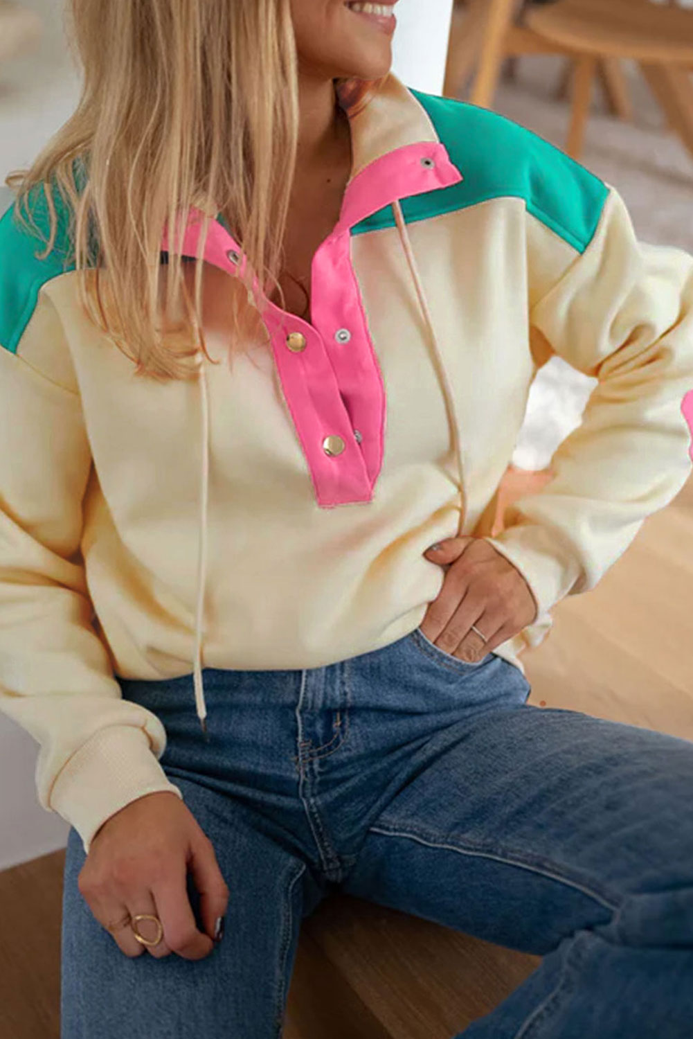 Apricot Color Block Elbow Patch Half Button Sweatshirt - SELFTRITSS