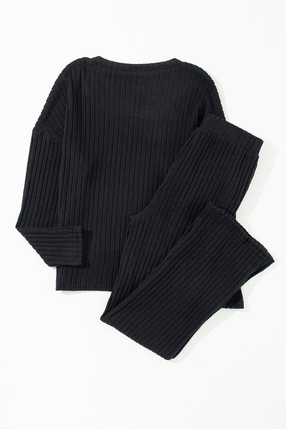 Black Ribbed Knit V Neck Slouchy Two-piece Outfit - SELFTRITSS   