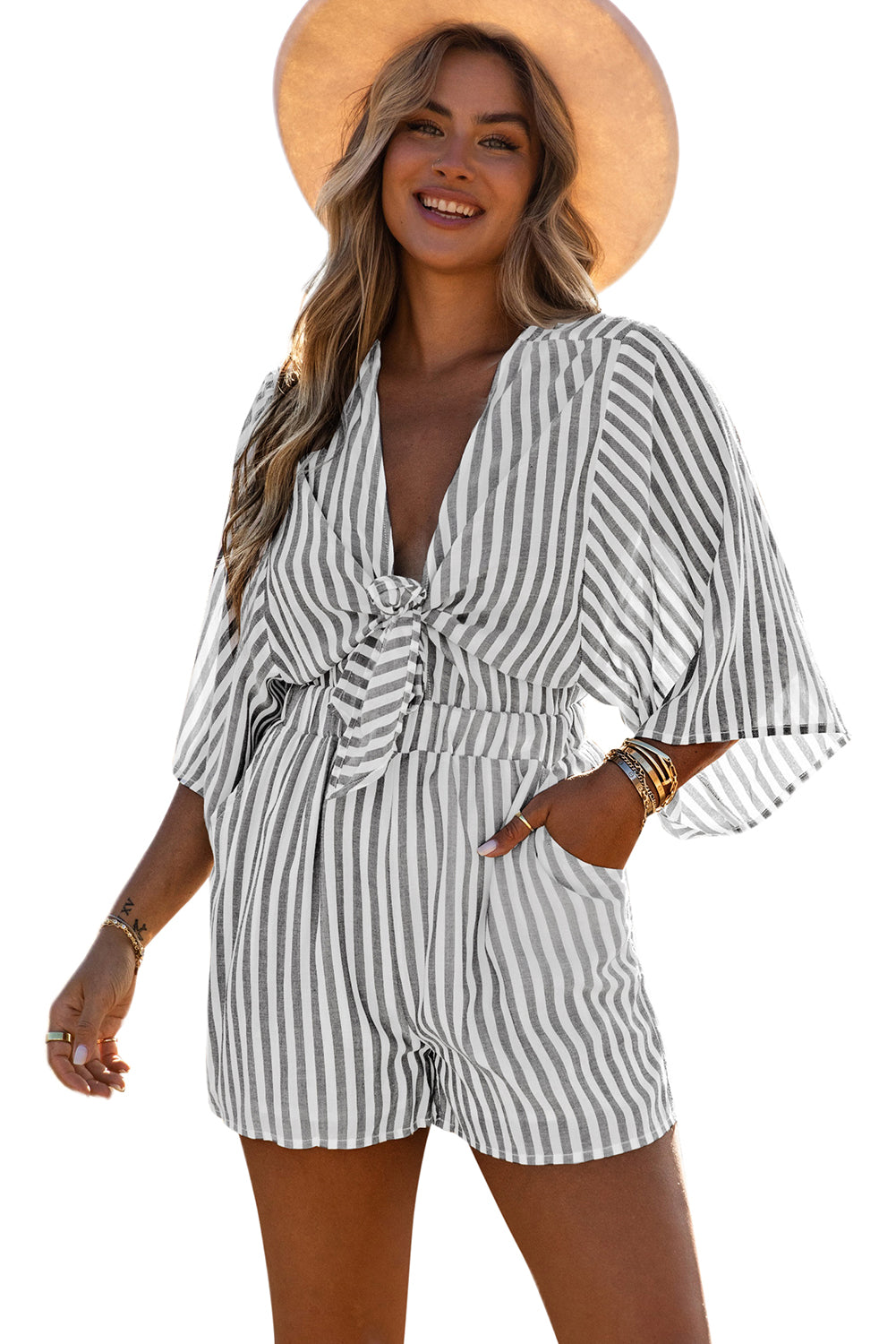 Gray 3/4 Wide Kimono Sleeves Tie Front Striped Romper with Pockets - SELFTRITSS   