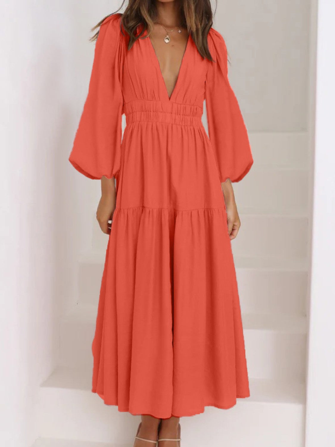 Deep V-Neck Balloon Sleeve Plain Maxi Dress - SELFTRITSS   