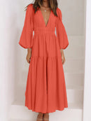 Deep V-Neck Balloon Sleeve Plain Maxi Dress - SELFTRITSS   